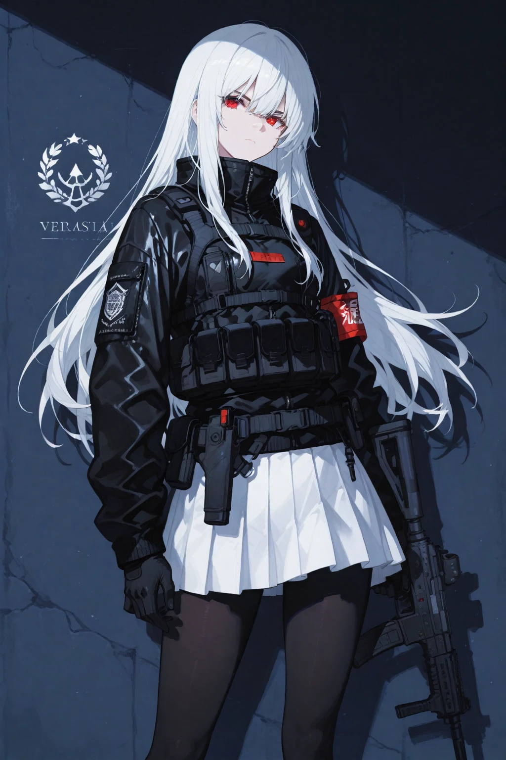 female pervert，Long silver-white hair，blacksilk，Logistics service，Smoking a cigarette，There was blood on his clothes，Scar on the left eye，With two swords on his back，Heterochromic double pupils，The left eye is red and blue，The right eye is golden，Lean against the corner，On the ground are guns and ammunition，Dim light，nigth，4k