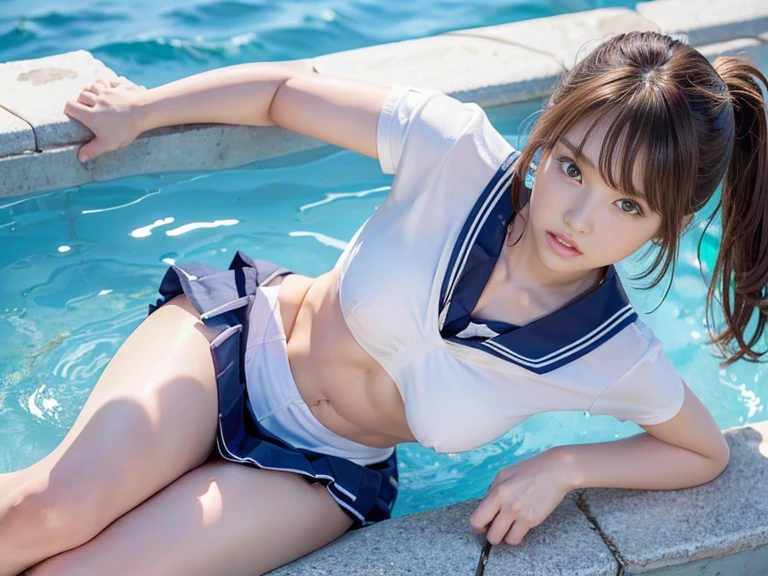 1 lady, HD quality, anime, solo full body shot, beautiful detailed face, (sitting with hands back:1.3), (open legs to limit:1.3), (with one knee up:1.3), (showing pubic area:1.6), (under boob:1.5), (Large breasts), (cleavage), shiny skin, (oiled skin:1.5), smiling, (thin thighs:1.8), (Sailor uniform only for the upper body:1.5), (Crop Top sheer white shirt:1.5), (sleeveless:1.6), without brassiere, (sheer white tiny micro thong:1.5), poolside, (Green detailed eyes), blue sailor collar, high-heeled shoes, red ribbon tie