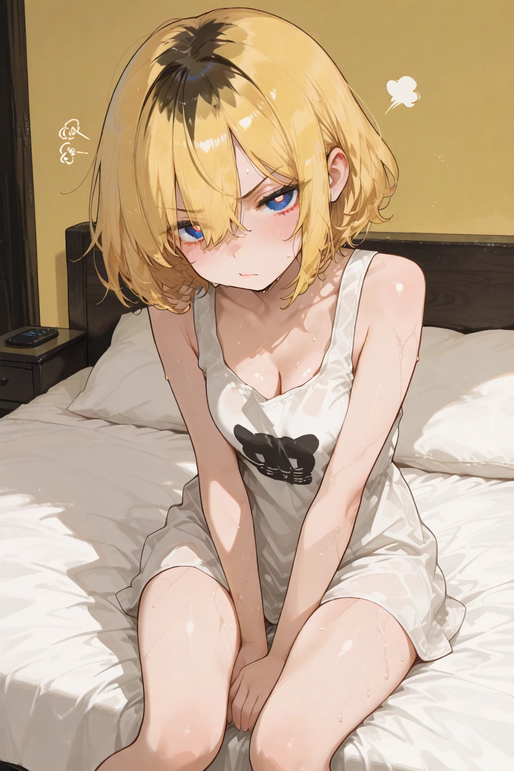 [(character: (Chico) (male) (Boy) (green eyes) (Green eyes) (short blonde hair) (blonde hair) (rubio) (Open white shirt) (black collar on the neck) (blushing) (opening your mouth and sticking out your tongue) (blush on the cheeks) (made to spread his legs) (Hands aside) (lying on a bed) (bite marks on neck) )]