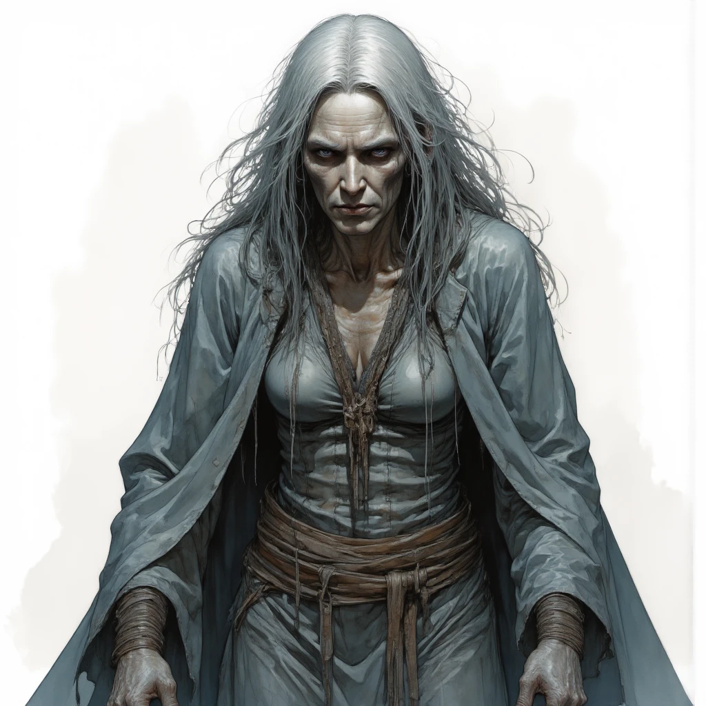 I want a character with a white background, png, Full-body image, an old, long hair, crazy face, the character flying, levitating in the wind, sexly, and with winds in your hair as you fly