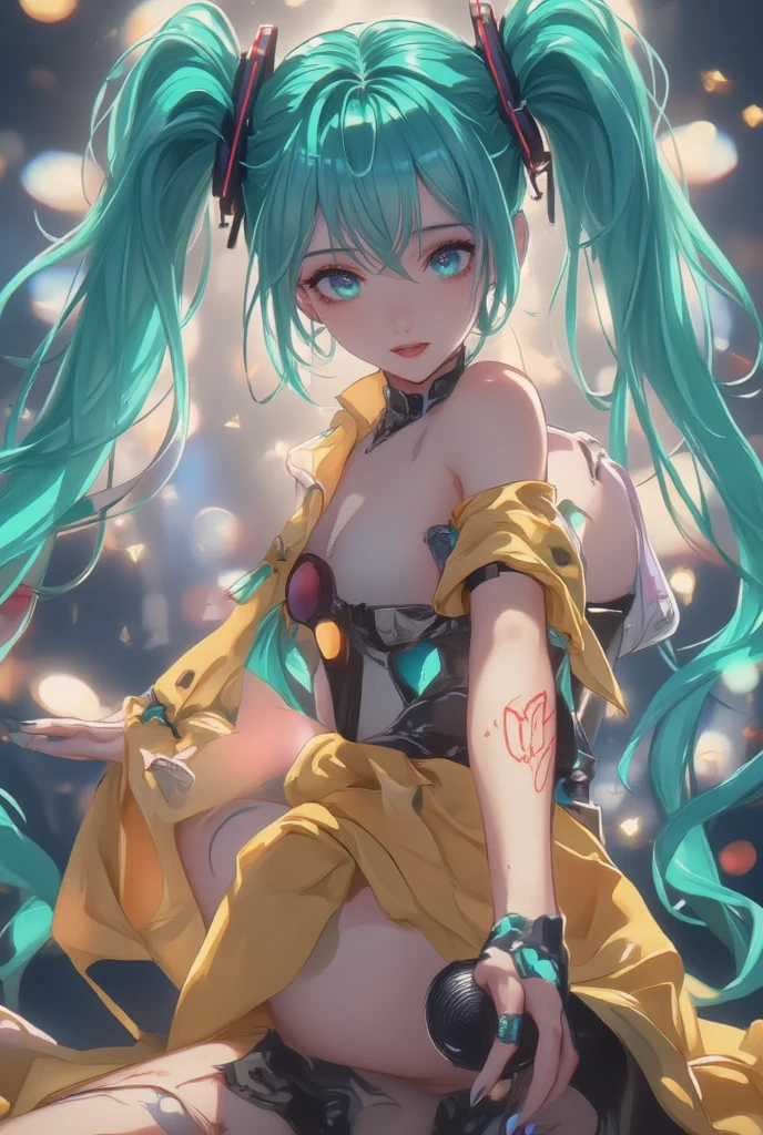 (anime-style cute face)、Hatsune Miku,Highest quality, （（Sharp details））, (8k, RAW Photos, Highest quality, masterpiece), (looking at the camera),Cute Smile、Very big eyes、anatomically correct body、Big thighs、Muscular woman、The face is bright、Professional Lighting、Cute little breasts、Emphasis on the chest、（Swimsuit:0.8）、Shake it up、