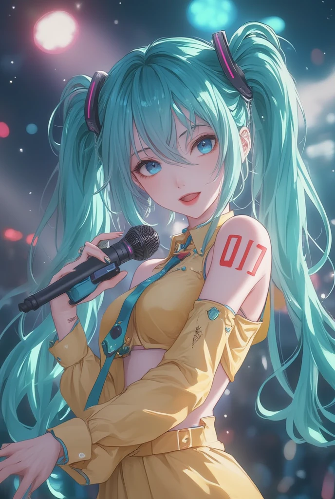(best quality, sketch:1.2),Practical,ilustrador,shrew,Japanese cartoons,1 girl, Hatsune Miku,Detailed lips, ,Fangs,hand,Off-shoulder, Neon long hair,High ponytail green,masterpiece, The style is vintage, Karaoke