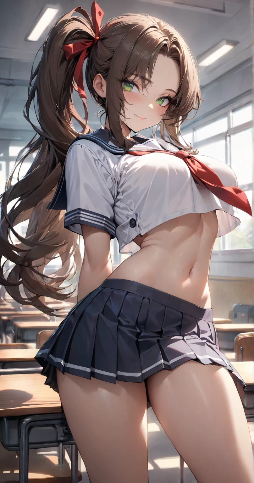 最高画質,1girl, solo, looking at viewer, blush, smile, open mouth, shirt, thighs, school uniform,shorts, hairclip, indoors, clothes lift, arm up, short skirt, shirt lift, pink panties, lifted by self,underboob, school,
