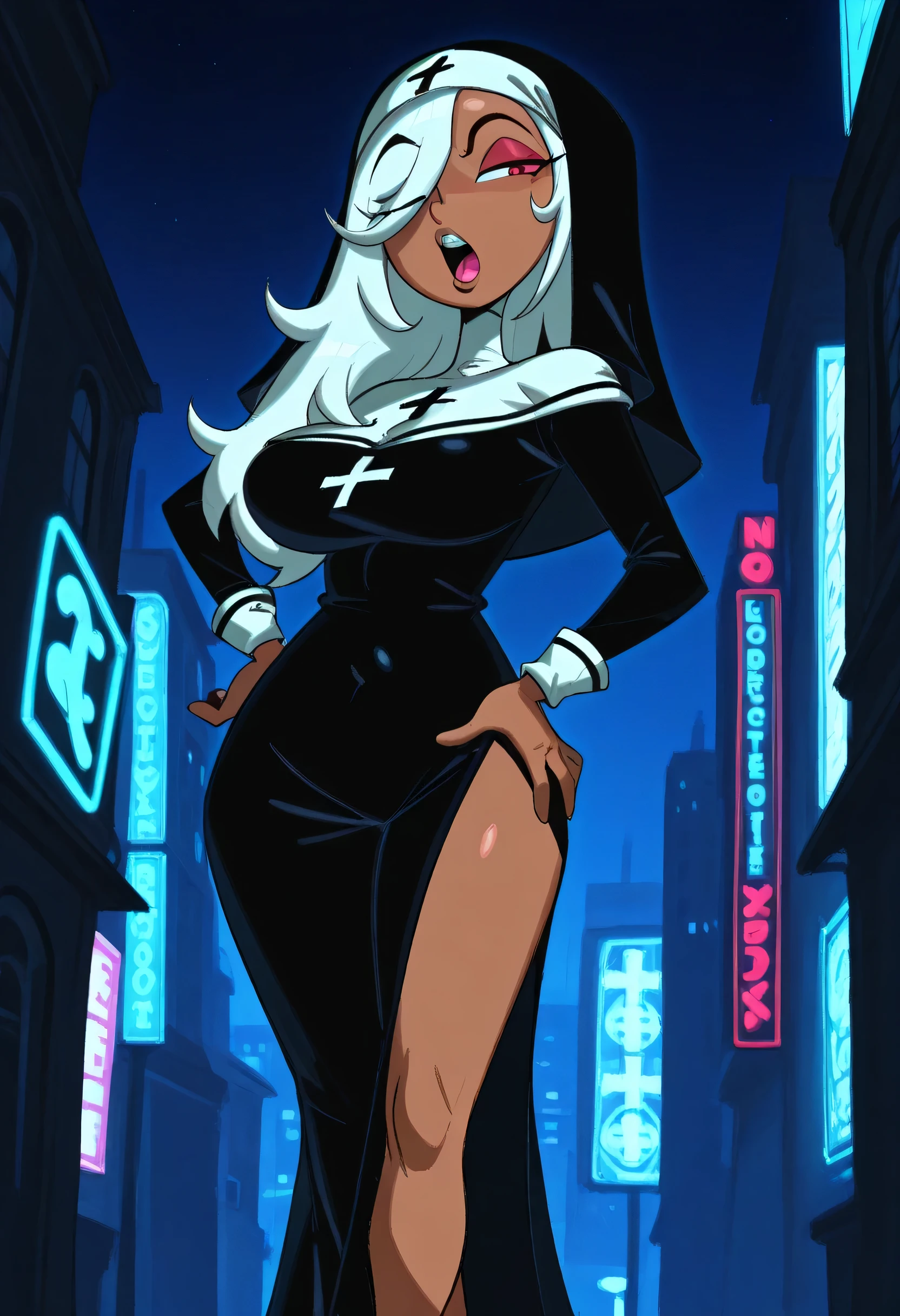 j0j0, masterpiece, best quality, solo, 1 woman , brown skin , white long hair, red eyes, hair cover one eye , mischievous face , open mouth , vore , nun costume , large breasts , leg slit dress , long legs , hand on hip , night , neon light , city light background