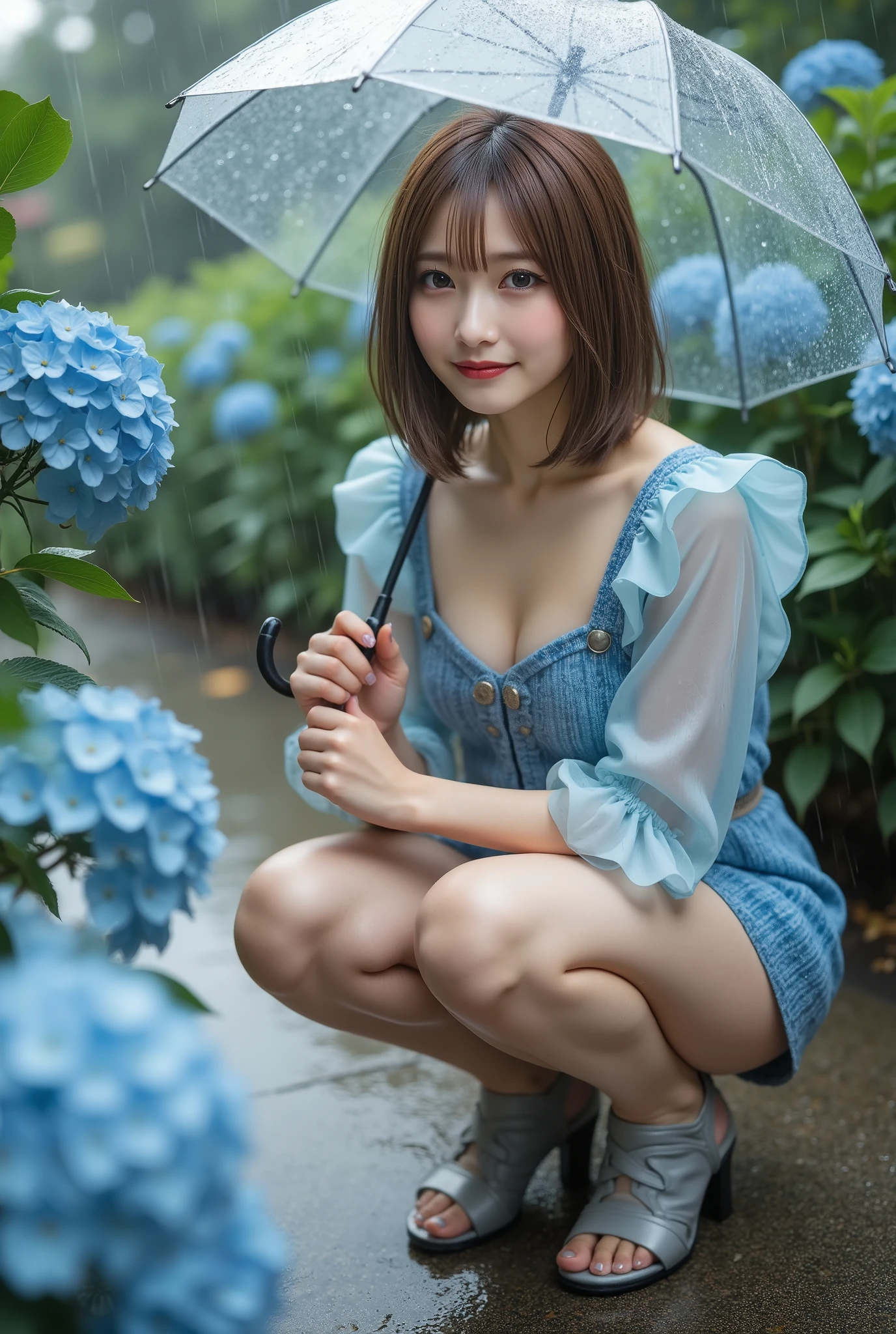 Crouching and looking at hydrangea flowers、in 8K:1.5,Best Quality:1.4, 超A high resolution:1.5, (Photorealistic:1.4),masterpiece:1.2,(top-quality:1.4)、Raw photo、1a japanese girl、Cute、 (RAW photo:1.2), (photorealistic wearing a knight costume:1.4), A girl with a beautiful detailed expression, (((very well detailed eyes and face, beautifully detailed eyes, very detailed face、and have a smiling face))), masterpiece,amazing, One person, (miniskirt), (Shy smile:1.5), Smooth skin、30-years old:1.5、Beautiful black eyes、natural skin textures:1.3, realistic eyes and face details、 (Brown medium hair),、middlebreasts、rainy day、Summer Day、Beautiful legs、rainy dayに透明な傘を手に持っている、Soft, cinematic style with raindrops adhering to umbrellas and clothes、rainy dayのデート、Crouching and looking at hydrangea flowers、Nogizaka、Walking with an umbrella on the street where hydrangea flowers are blooming