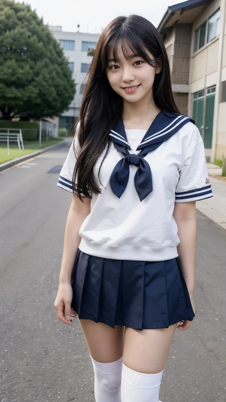 (masterpiece, highest quality:1.2), 8K, young beautiful girl, 85mm,Official AR RAW photo, baby face、clothed but exposing under skirt big breasts、photo shoot, cute face, thighs, After school classroom, various poses, looking at the viewer, embarrassing、smile、no makeup, film grain, chromatic aberration, sharp focus, face light, clear lighting, Ten generations, detailed face, background bokeh、((((((21 year old girl))))))、thin waist、black/red sailor suit、partially wearing a skirt、pubic hair、vagina/pussy