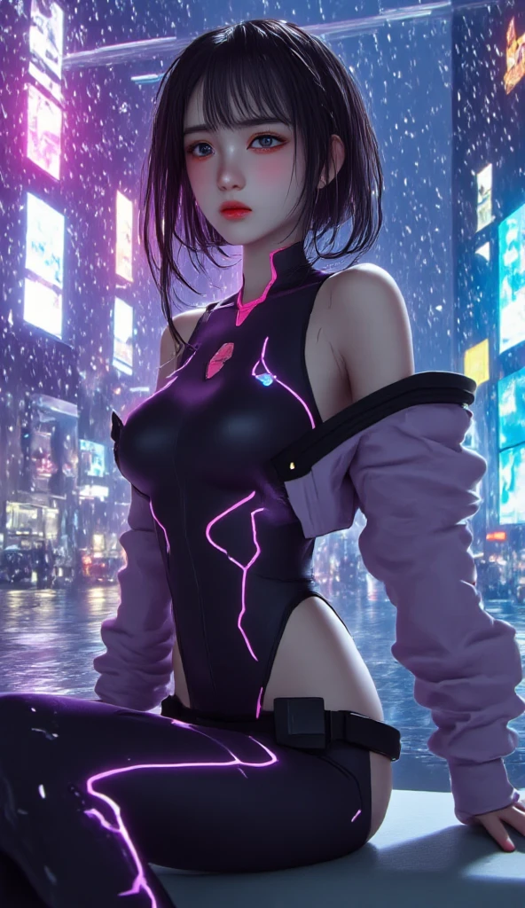 (best quality, masterpiece), illustration, ((((1girl)))), (dynamic pose dynamic angle dynamic view )(dancing , battle kick ) (slender body), ((solo)), , ((glow lines , headgear, two big mechanical Antenas, ))(((holding a pistol and take aim, focused pistol aiming at viewer))), ((Lace Lace-up long dress ))(evil smile) big jacket wind, garter belt stockings [[lift skirt]] hyper detailed background, ((cyberpunk city distopia city  neon background big moon night )) Mechanical, Mechanical body, BREAK(((black hair BREAK, long sideburns, BREAK purple inner hair))) BREAK (((long white sideburns))) BREAK, ((glowing red eyes)), asymmetrical bangs(long hair) ( chibi ribs)((flat chest ))white dress , black jacket , five fingers, Camel toe[rabbit ears ], glitter, shiny, , aiming at viewer, dragon ear,  ((((lots of cables numerous cables clavicle ribs socket in body )))),