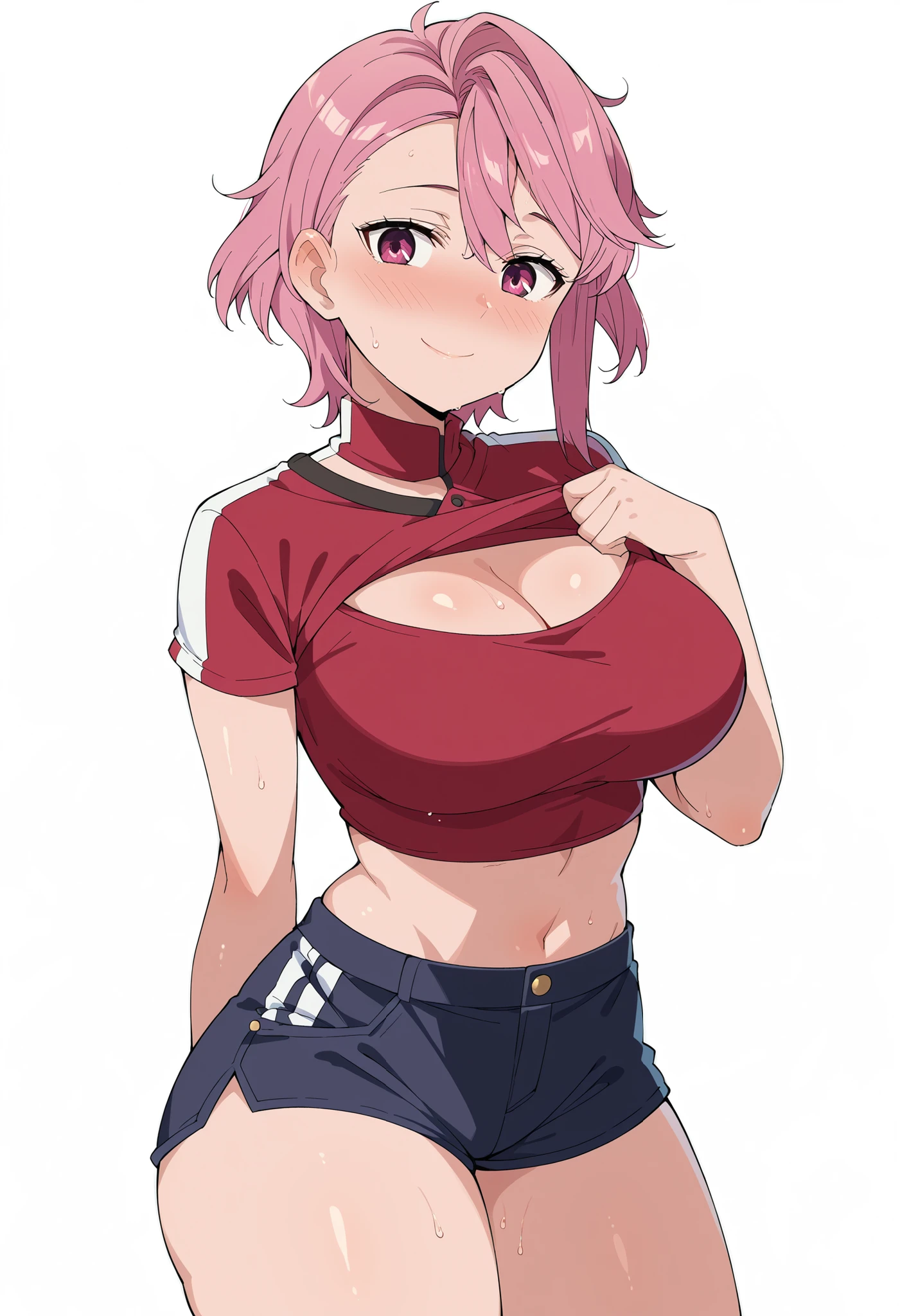 Woman in crop top and sweats, pastel pink hair, brown eyes, freckles, cute expression