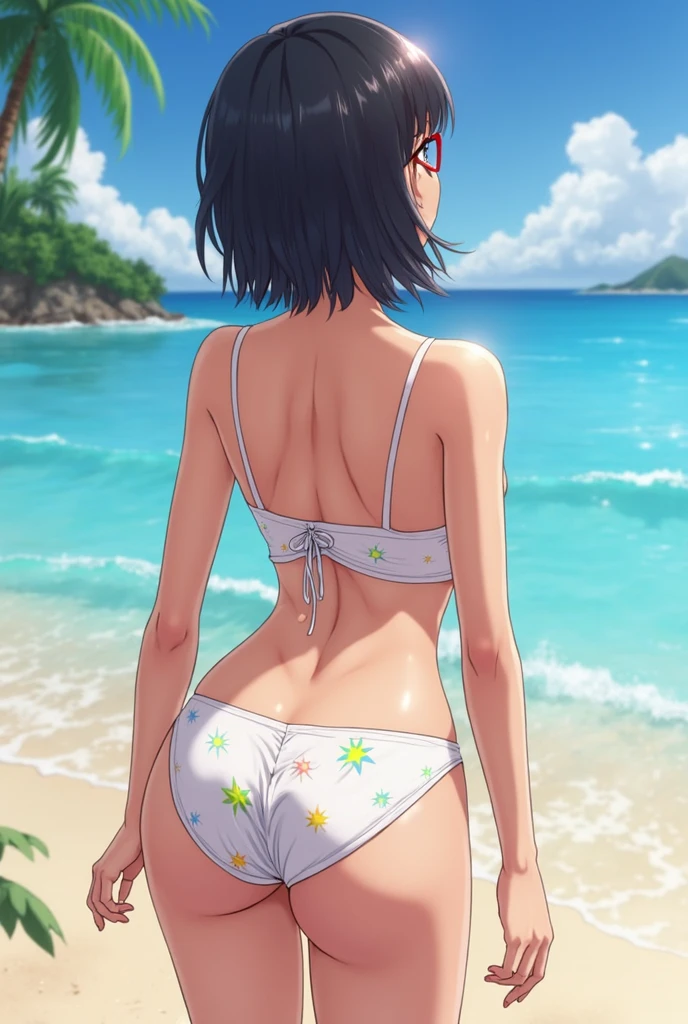 Hyūga Hinata at the beach, wet, nice thighs, small medium boobs, chubby stomach, small sagging tits, gap between breasts, detailed eyes BREAK, blushing, from behind, looking back, yellow swimsuit, saggy ass