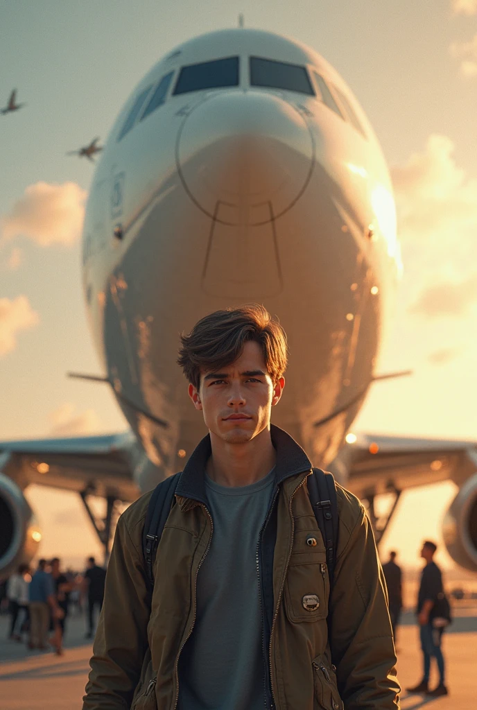 a plane taking off and a young man looking at it on a sunny day