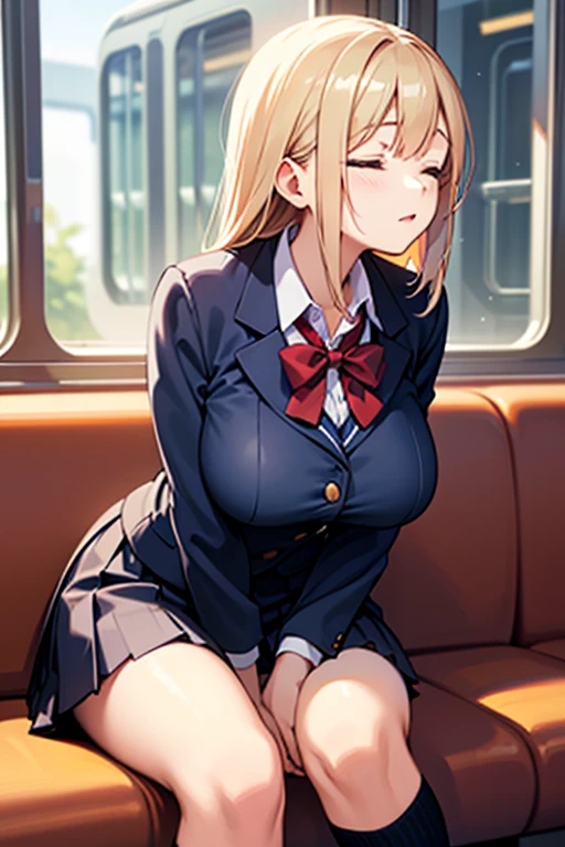 (Tabletop, highest quality, Super detailed), One Girl, Purple eyes, Blonde Hair, Dark Skin, Short Hair、Perm Hair、((Japanese school uniform))、((pantyhose))、(on the train)、(mini skirt)、Leg spread、Black Panties