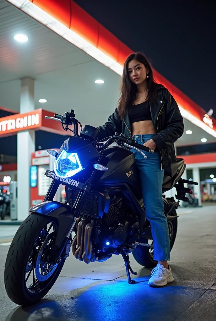 Very beautiful young street racer girl, night city, 🏙️, neon lights, cyberpunk, 🌌, realism