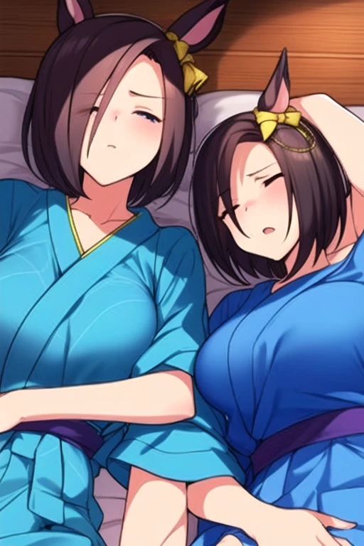 butterfly hair ornament, kochou shinobu, hair ornament, breasts, bug, multicolored hair, kamado tanjirou, purple eyes, gradient hair, butterfly, purple hair, sweat, haori, black hair, japanese clothes, 2girls, multiple girls, butterfly print, two-tone hair, scar on forehead, blush, short hair, bangs, large breasts, 1boy, girl on top, indoors, animal print, sideboob, lying, parted bangs, blurry
