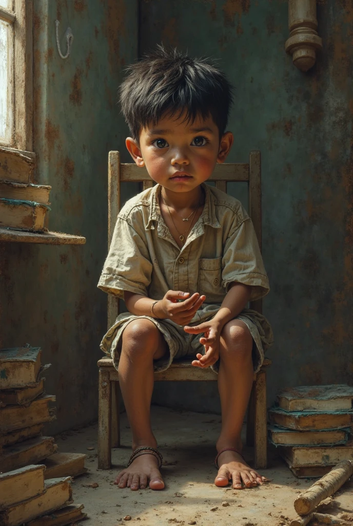 A beautiful poor boy sitting in front of old house bench