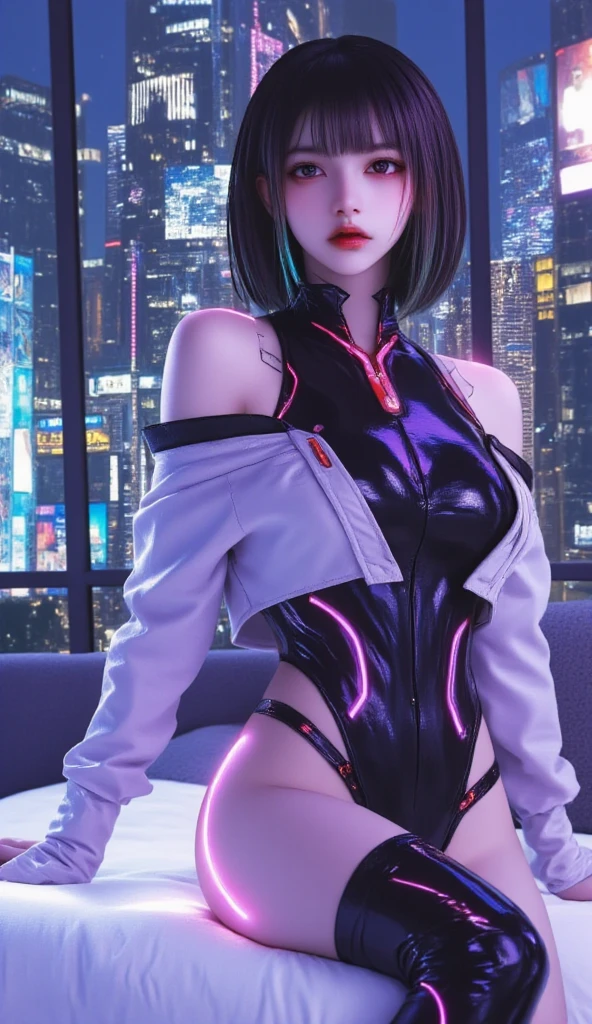 lucy\(cyberpunked\), 1girl in, hair scrunchie, hime-cut, silber hair, Color Chip, fullmoon, grey eyes, jaket, long-sleeve, (Look at viewers), Medium hair, O cabelo multicolorido, Bangs parting, cparted lips, A pink-haired, Red eyeliner, red-lips, 独奏, White jacket, cyberpunked\(series\), Rainy night in cyberpunk city with glowing neon lights,frombelow, (Knee-upright sitting pose:1.3),(Chic:1.2)、