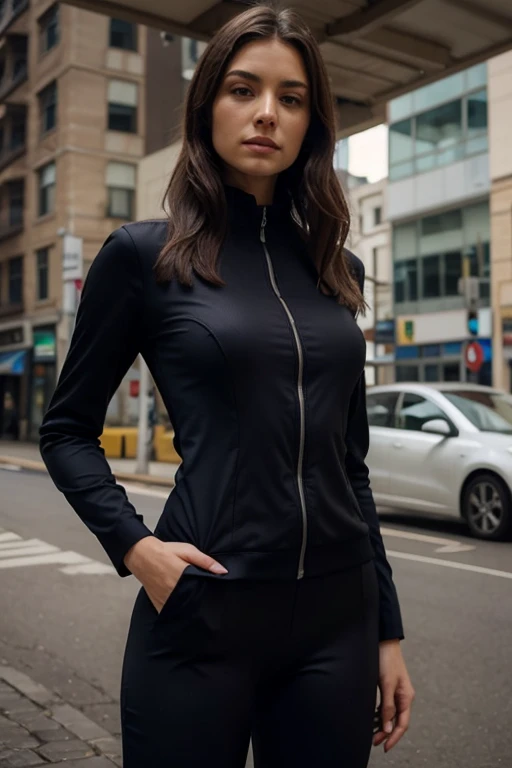 a united state brown model, black curly hairs, wearing active outfit, realistic photography, living in colarado