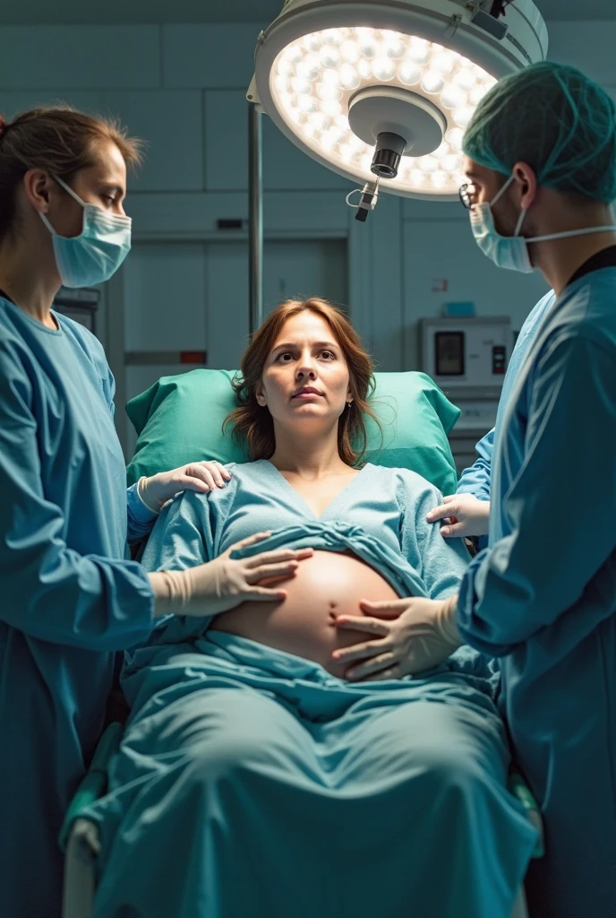 Create a pregnant woman in the hospital room, in a bed, stricken affection, sad and worried, looking at your belly. Beside her is the worried nurse 