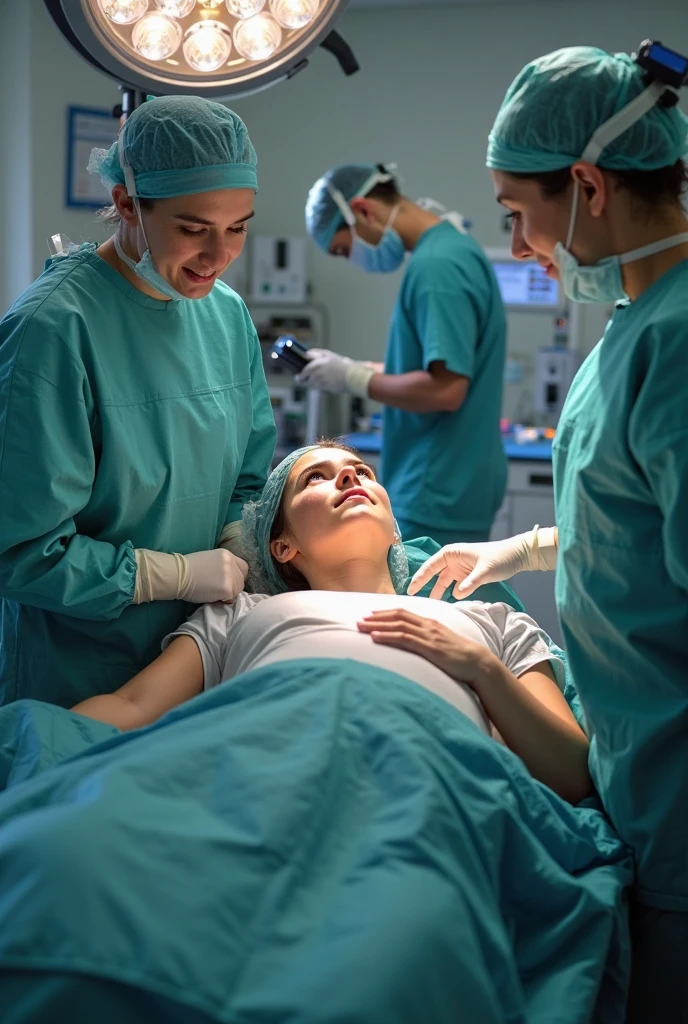 A woman dressed with her eyes closed and a small towel covering them, peacefully lying down covered up to her neck with a blue sheet on a stretcher, with 4 people with their hands turned downwards towards the woman lying down.
