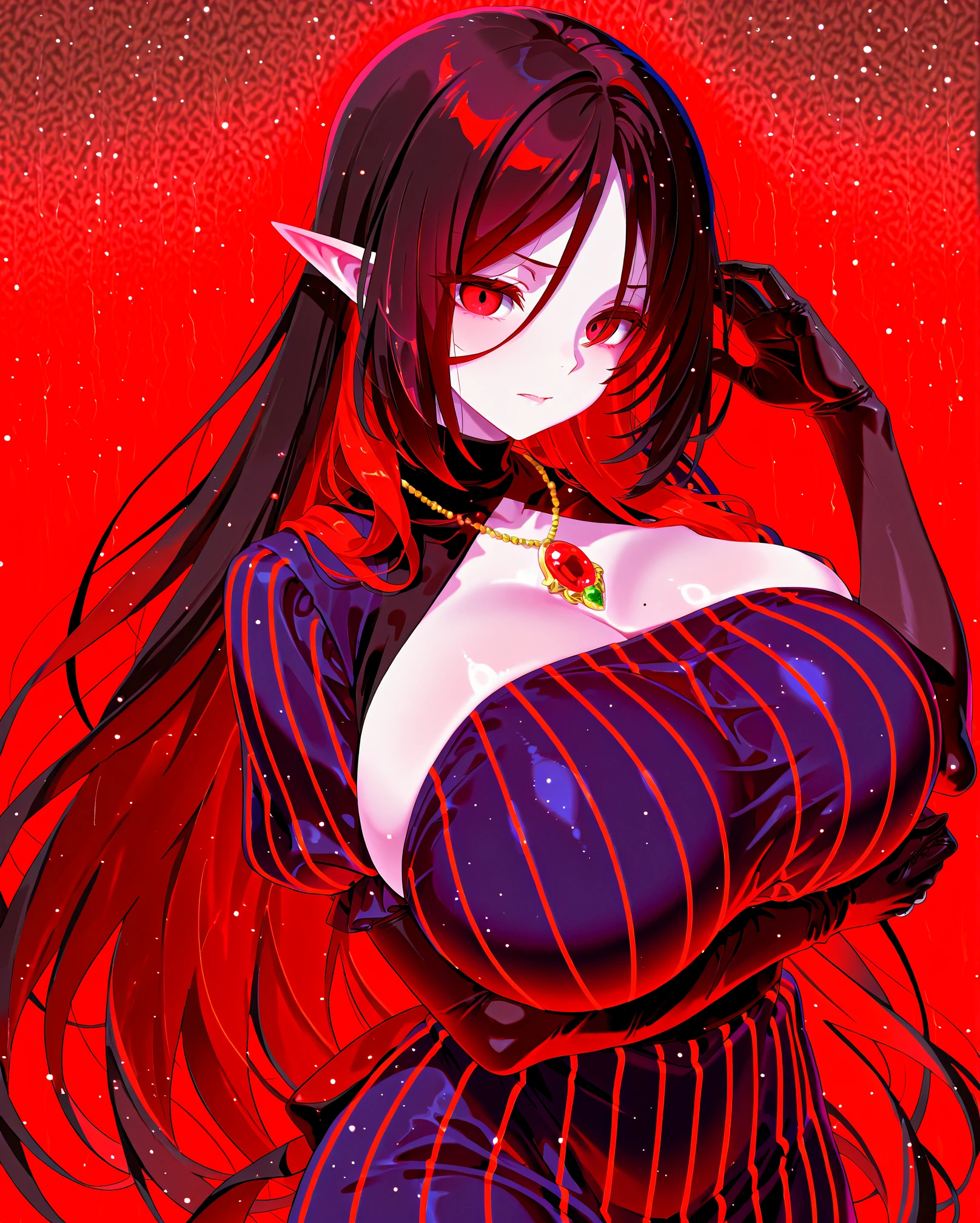 (high quality, 8k, 4K, high contrast, artwork:1.2, high quality, best aesthetics), ((1 woman)), erotic, sensual, mature body, super detailed, beautiful face detailed, beautiful eyes detailed, detailed beautiful mouth, perfect breasts, wide thighs, sexy body, (long straight black hair), (black eyes), (black lipstick), (black eyeliner), (black eyeshadow), (calm expression), (penetrating gaze), (black cat ears), (black cat tail), (short black dress with short ruffled skirt and long sleeves), (centered), (looking at viewer), (standing), (hands hidden behind the back)