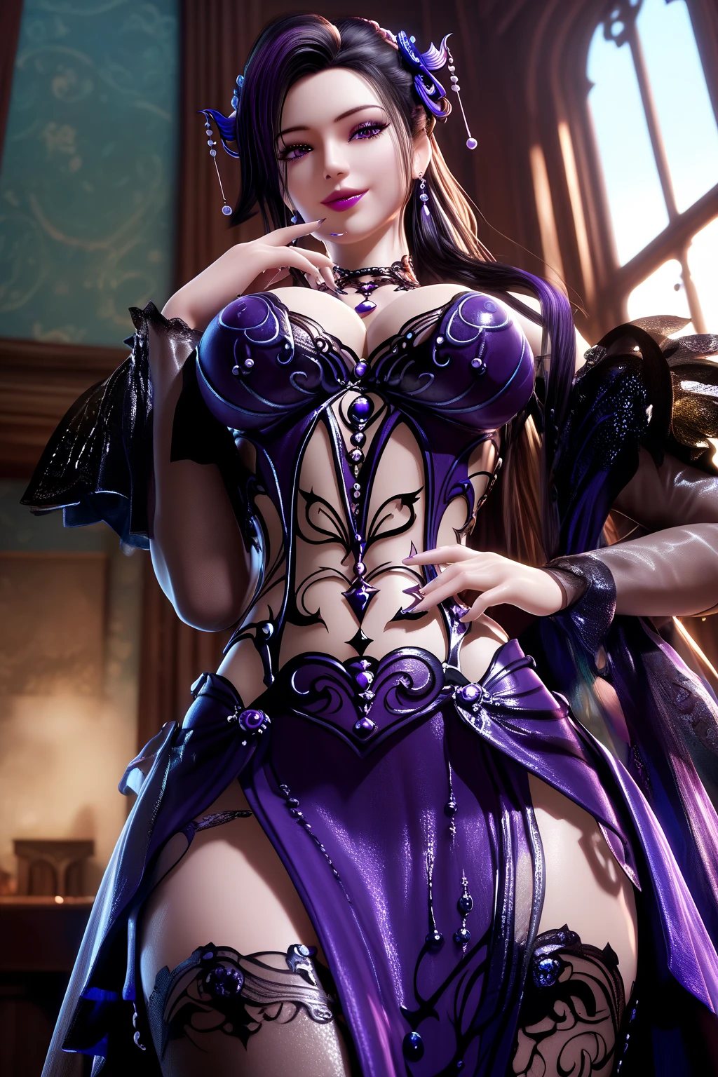 8K, ultra HD, Masterpiece, 1 girl, good face, very long hair, spreading hair, detailed eyes, lovely lips, shining violet dress, decorated dress, strap dress, (bare waist:1.4), (lace:1.5), (jewellery:1.5), night background,