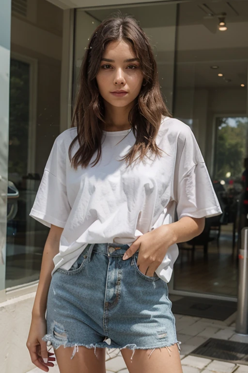 Are standing woman、 Charm, Sports competition, Proportionate Body, Brown Hair,Short Haircut、 He is wearing a T-shirt and ripped jeans, Wearing white sneakers, Looking into the camera, Are standing, Pose variations.