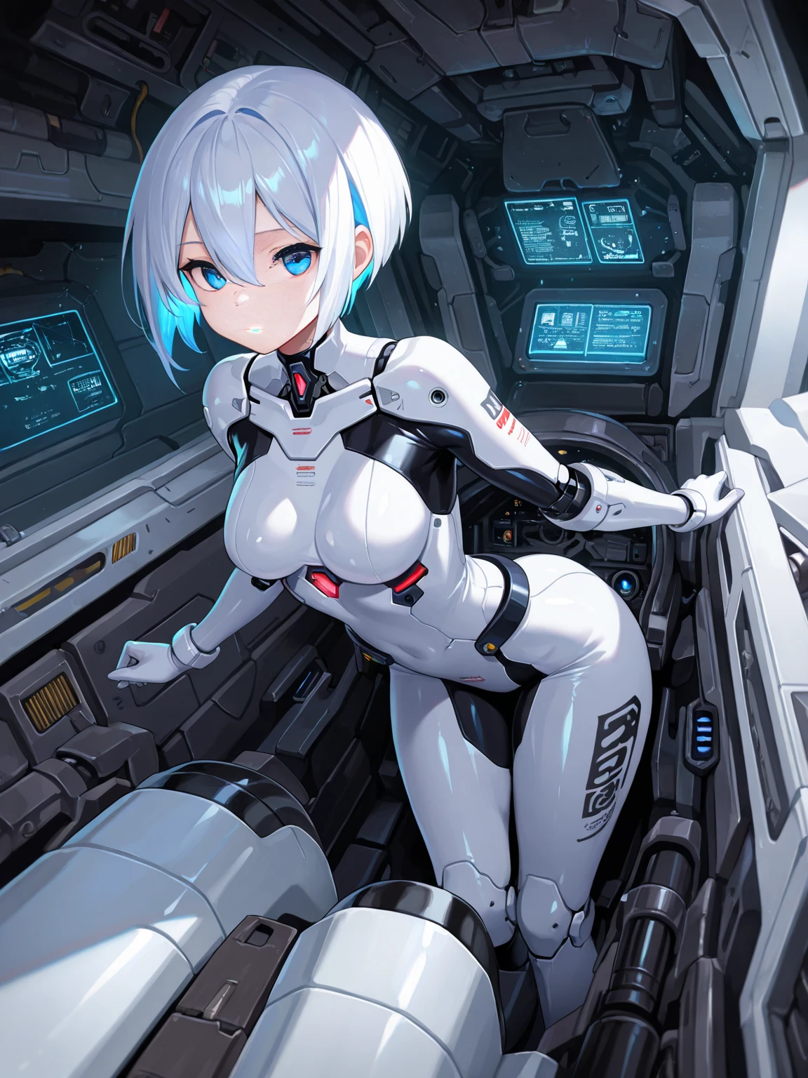 white skin, sad tears, sweat, android, operator suit, cockpit, perfect anatomy, cg, girl, solo, teenage