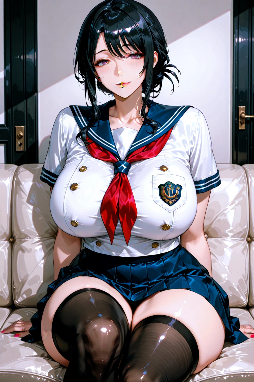 masterpiece, Highest quality, High resolution, Ichigoya, alone, ,  Red neckerchief, ,  ,pubic hair、Nipples、Areola、Thighs、Navy knee-high socks、High resolution、Legs wide open、School、Desk and chair in the background、Ultra-realistic、Realistic、Embarrassed、Short Hair、Open your feet wide、