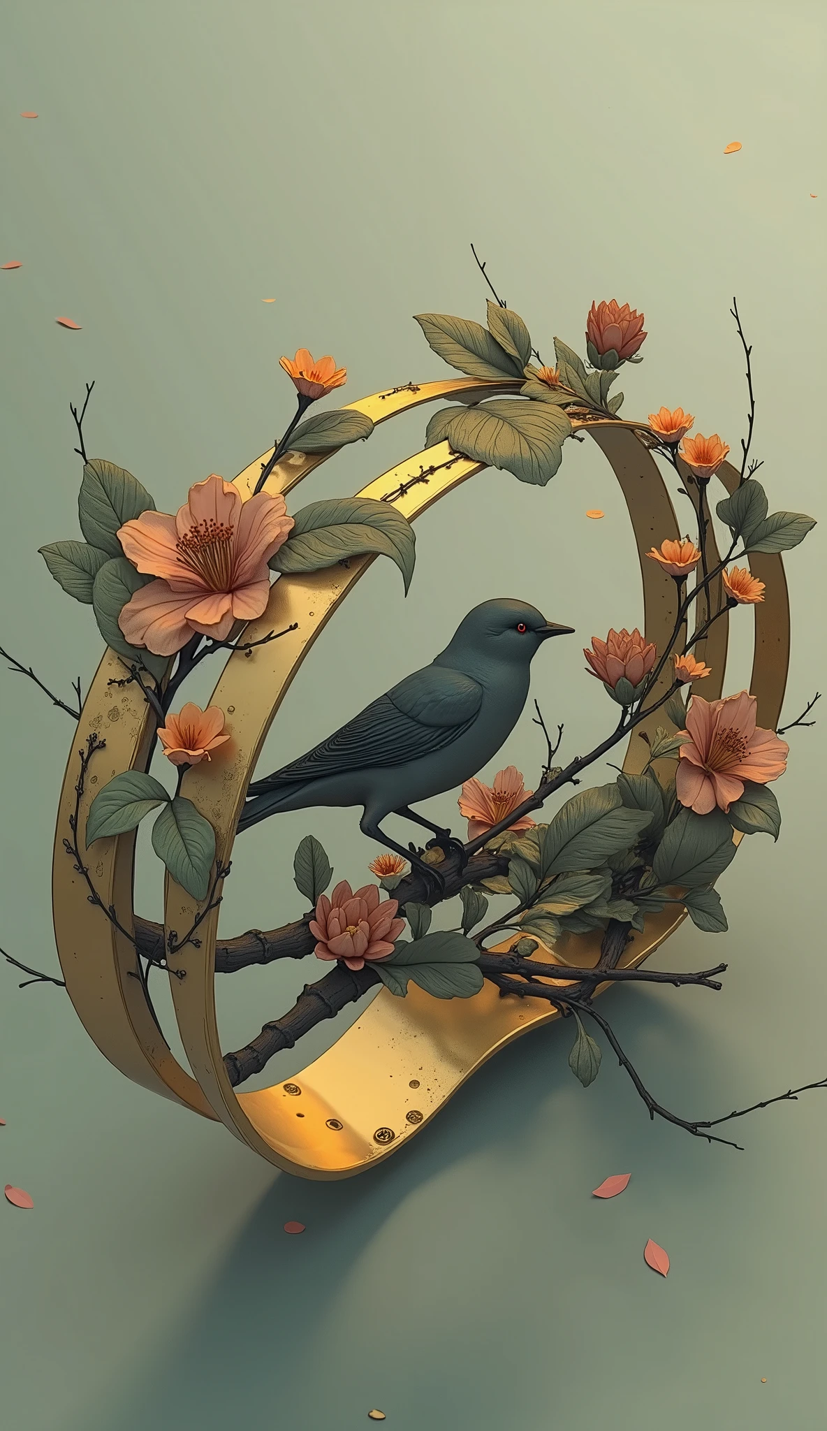 The finely crafted bracelet is、enhances the bracelet's organic motifs. The bracelet has a glossy finish, Golden metal, exuding an elegant warmth. The detail bird、meticulously crafted, suitable for artistic or nature-inspired settings. Birds、まるでブレスレットを飾る繊細なflowerや葉の群れの方を向いているかのように位置しています. flower, The leaf veins and edges are finely carved to enhance realism, sits gracefully on top of the bracelet, A subtle pop color that exudes graceful warmth. Leaves growing from a branch, The overall composition of the. It features exquisite designs similar to delicate parts of nature, captures the essence of a small songbird with its realistic texture and intricate feather details {x} It is positioned as if facing the group of delicate flowers and leaves adorning the bracelet {x} It's shaped like a round branch made from {x} M made of contrasting materials similar to pink or rose gold, Combined.