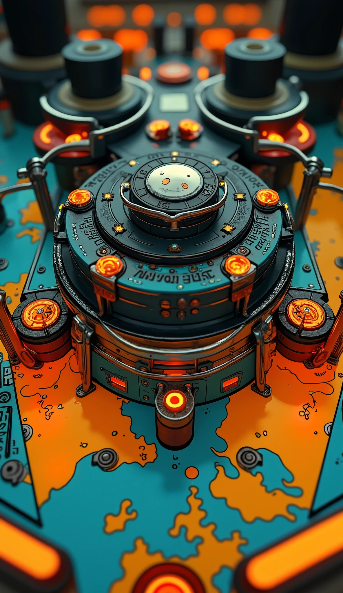 A vibrant and colorful pinball machine playfield is captured in this image. This design is 、features a dynamic combination of bright colors such as orange。, red, Blues, and yellows, The bold black outline creates an impressive contrast. Several prominent buttons and targets are visible, Quick Freeze with text labels such as "JACKPOT," "explosion," and "QUICK FREEZE," adding to the excitement and thematic elements of the gaming surface. Metal wire ramps curve and loop around, curve and loop around、and lead the pinball to the desired path, while clear plastic ramps and dividers enhance the playfield's three-dimensional aspect. The lighting is bright and adds an alluring sheen to the surface, highlighting the vibrancy of the art and the gloss of the materials. The overall atmosphere conveys a fast atmosphere Quick freeze with text labels such as, draws you into a thrilling experience Pinball game, drawing players into its vivid and energetic aesthetic.