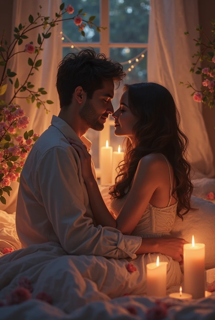 Un couple en lune de miel dans un cadre idyllique, allongés sur un lit entouré de chandelles, avec une ambiance romantique et rêveuse."