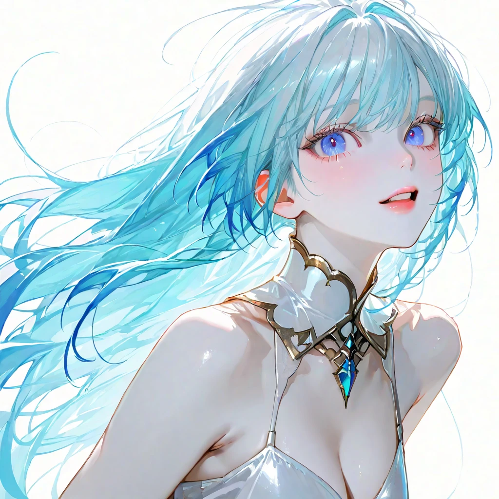 short bright red hair, shoulder length hair, striking blue eyes, star shapped earring, ahoge, blue flower hair adornment, inspired by honkai impact third