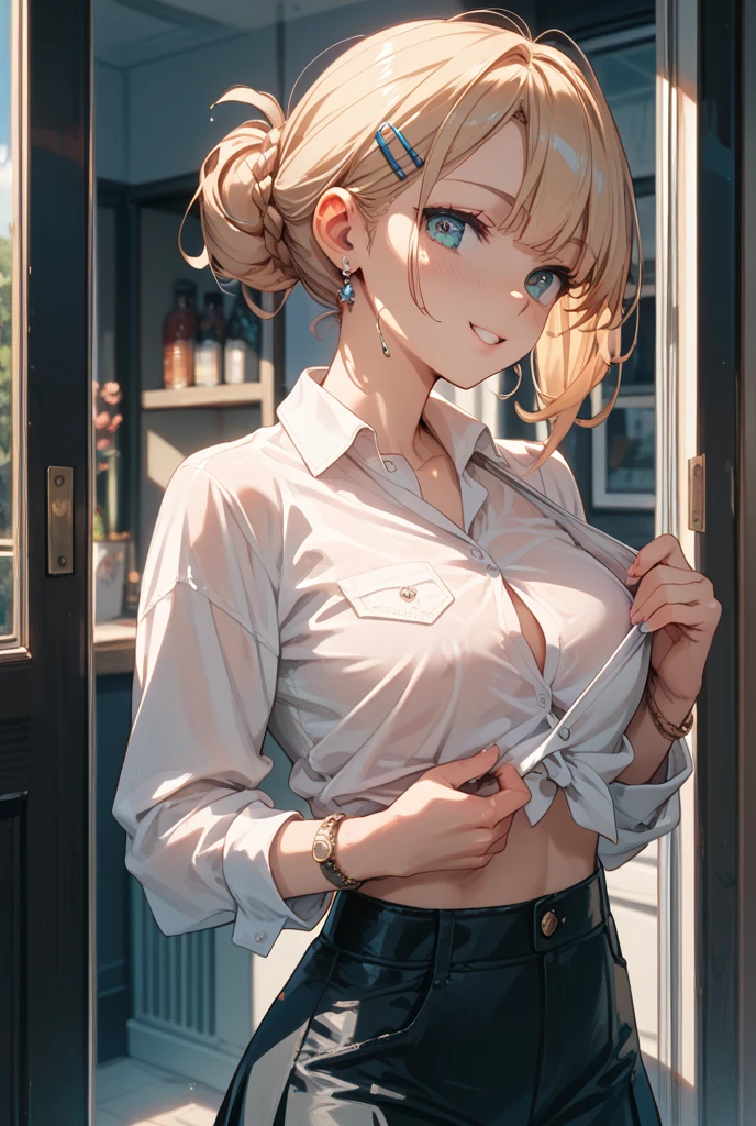 (masterpiece:1.2、top-quality), 1girl in, grin, Slimed, A slender, verd s eyes, sharp eye, small_breasts, flat_chest, Slouched, Turn to the viewer, frombelow, Oversized shirts, Black pants, areolae slip, downbrouse, embarrassed from, very short blonde hair, ^ ^, s Office