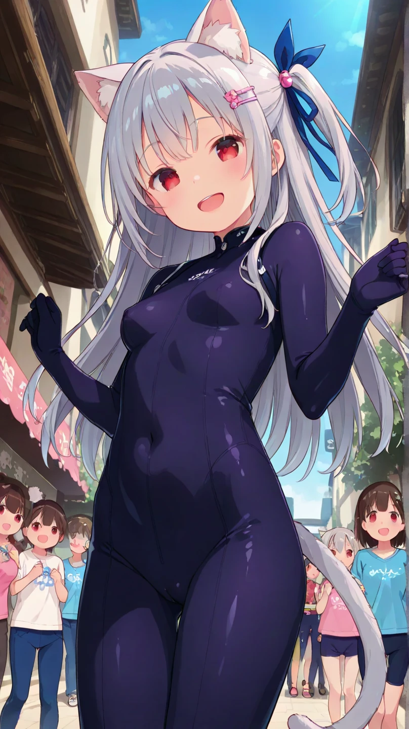Single person,enmaided,Look at the audience, (White one-piece gel coat),barefeet,(largebreasts),, Long silver-white hair, Blue eyes,Stand on the street