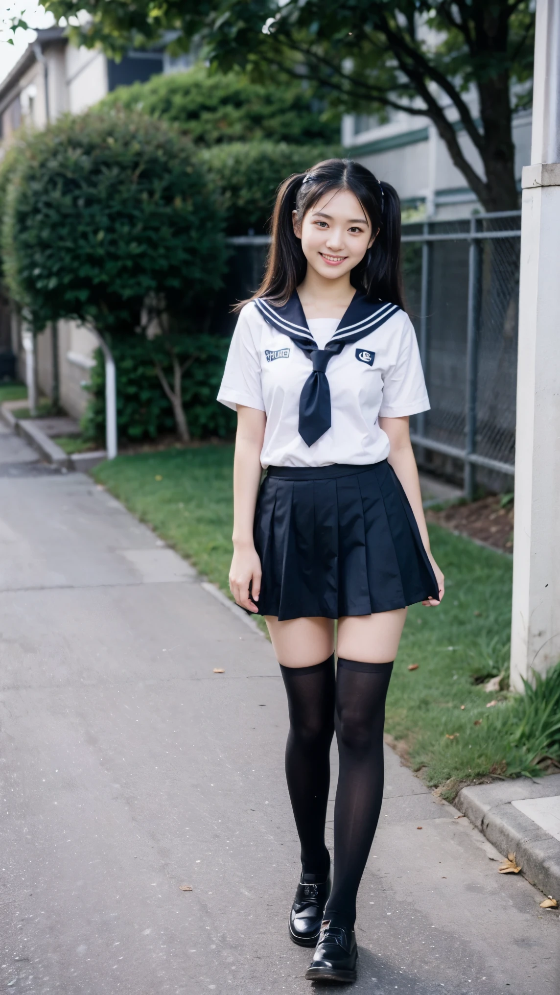 masterpiece, best quality, ultra-detailed, nsfw, simple_background, 1girl, solo, cowboy shot, black eyes, (tsurime), (((smile))),black hair, (((school uniform))),(((sailor suit))), (((cleft of venus))), (((younger))),  (blunt bangs), (short stature),  ((((bottomless)))),(((No panties))),(((pussy))),(bow tie),(student bag), ((walk on the road))