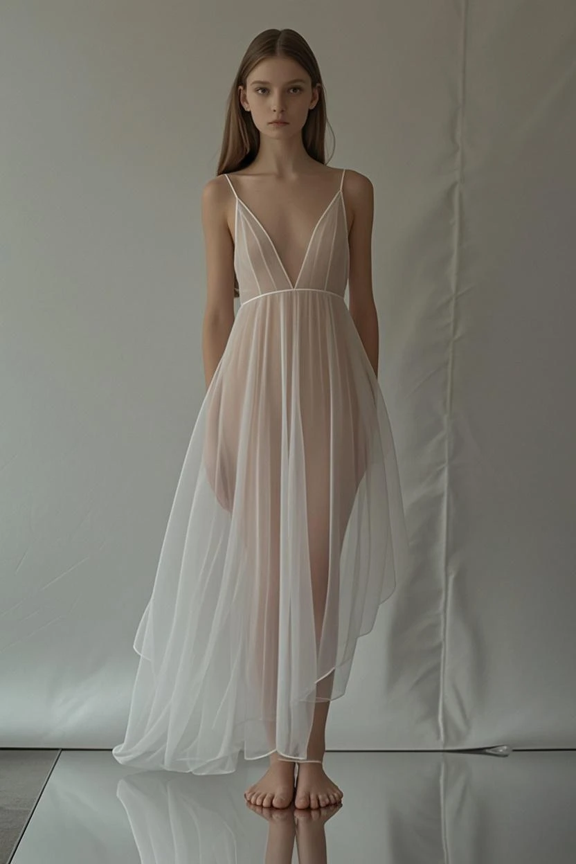Naked girl in a transparent tulle dress, the whole body is visible