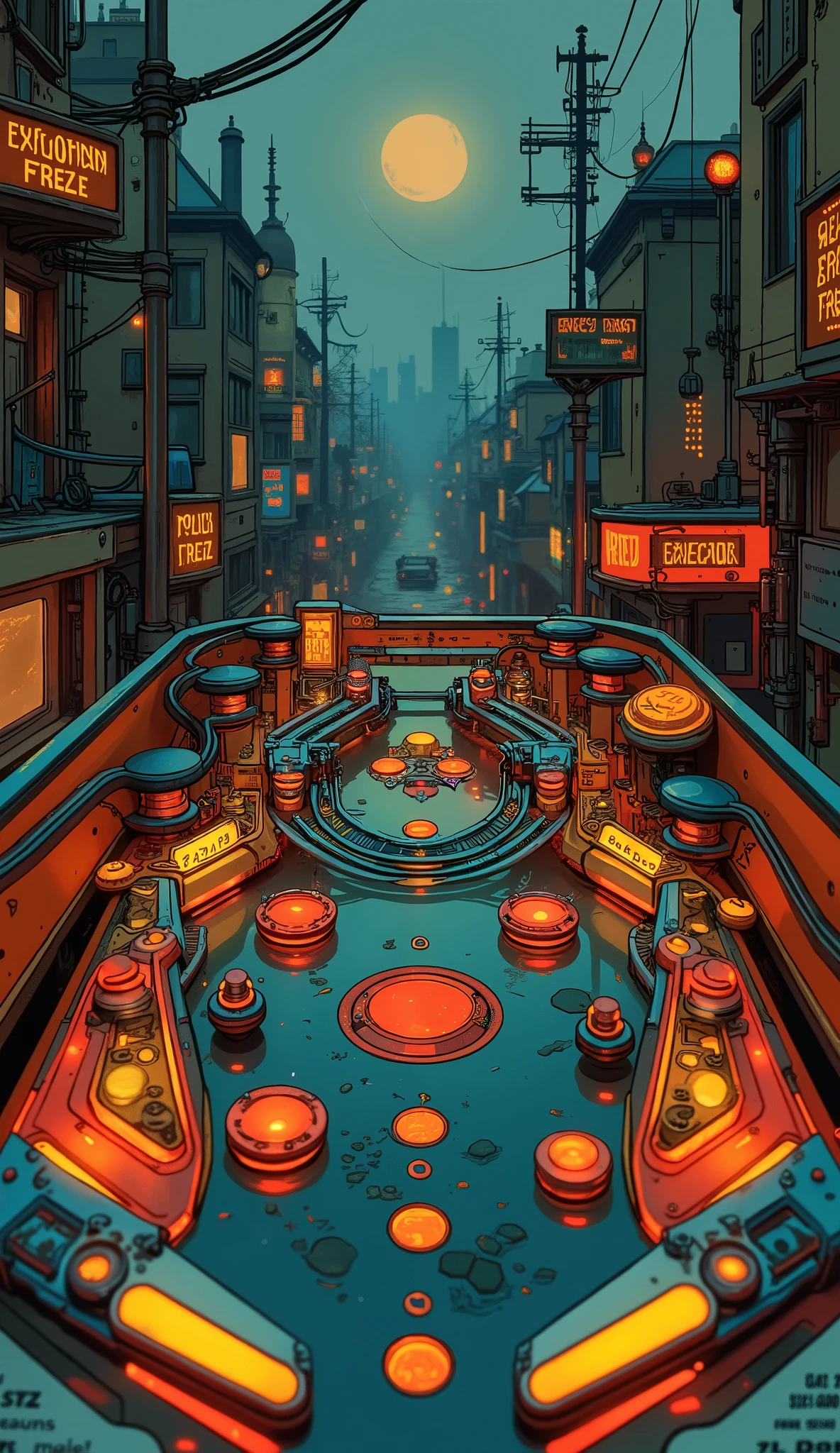 A vibrant and colorful pinball machine playfield is captured in this image. This design is 、features a dynamic combination of bright colors such as orange。, red, Blues, and yellows, The bold black outline creates an impressive contrast. Several prominent buttons and targets are visible, Quick Freeze with text labels such as "JACKPOT," "explosion," and "QUICK FREEZE," adding to the excitement and thematic elements of the gaming surface. Metal wire ramps curve and loop around, curve and loop around、and lead the pinball to the desired path, while clear plastic ramps and dividers enhance the playfield's three-dimensional aspect. The lighting is bright and adds an alluring sheen to the surface, highlighting the vibrancy of the art and the gloss of the materials. The overall atmosphere conveys a fast atmosphere Quick freeze with text labels such as, draws you into a thrilling experience Pinball game, drawing players into its vivid and energetic aesthetic.