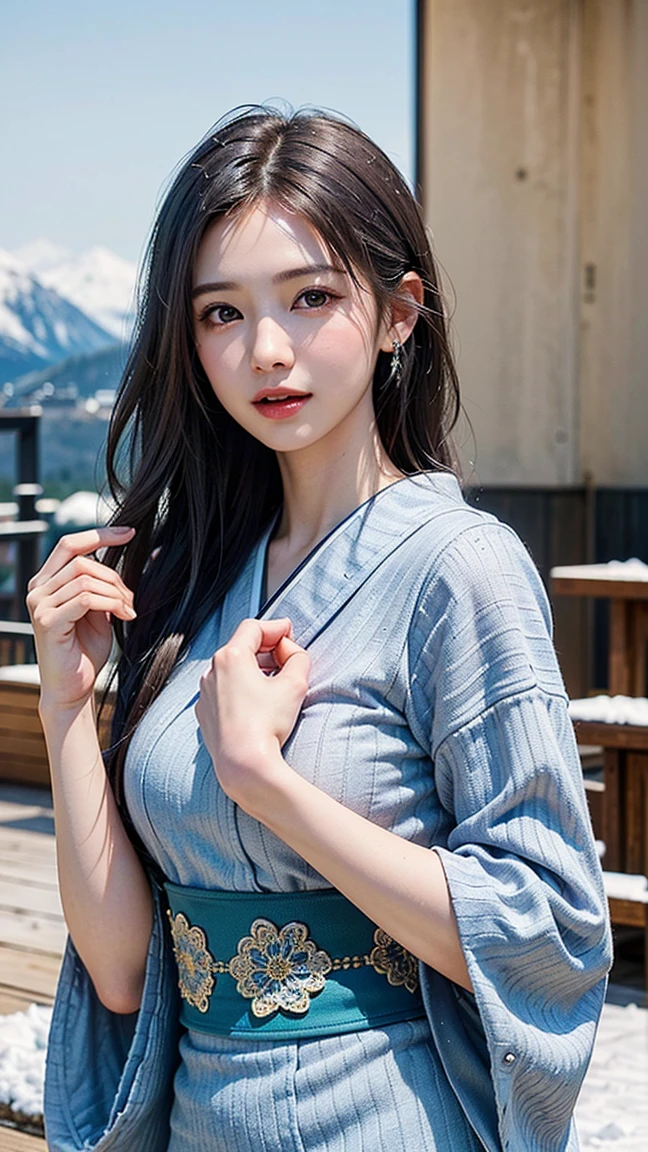 ((best qualtiy、8k masterpieces:1.3))、sharp focus:1.2、(ultra beautiful faces:1.0)、(Slender Abs Beauty:1.0)、(shinny skin:1.0)、photos realistic、A dark-haired、Video Lighting、High-definition eyes and face、Video Lighting、(cowboy shot:1.3)、swim wears、(Korean Cute Actress)、from the front side、medium large breasts、A slight smile、 in kimono