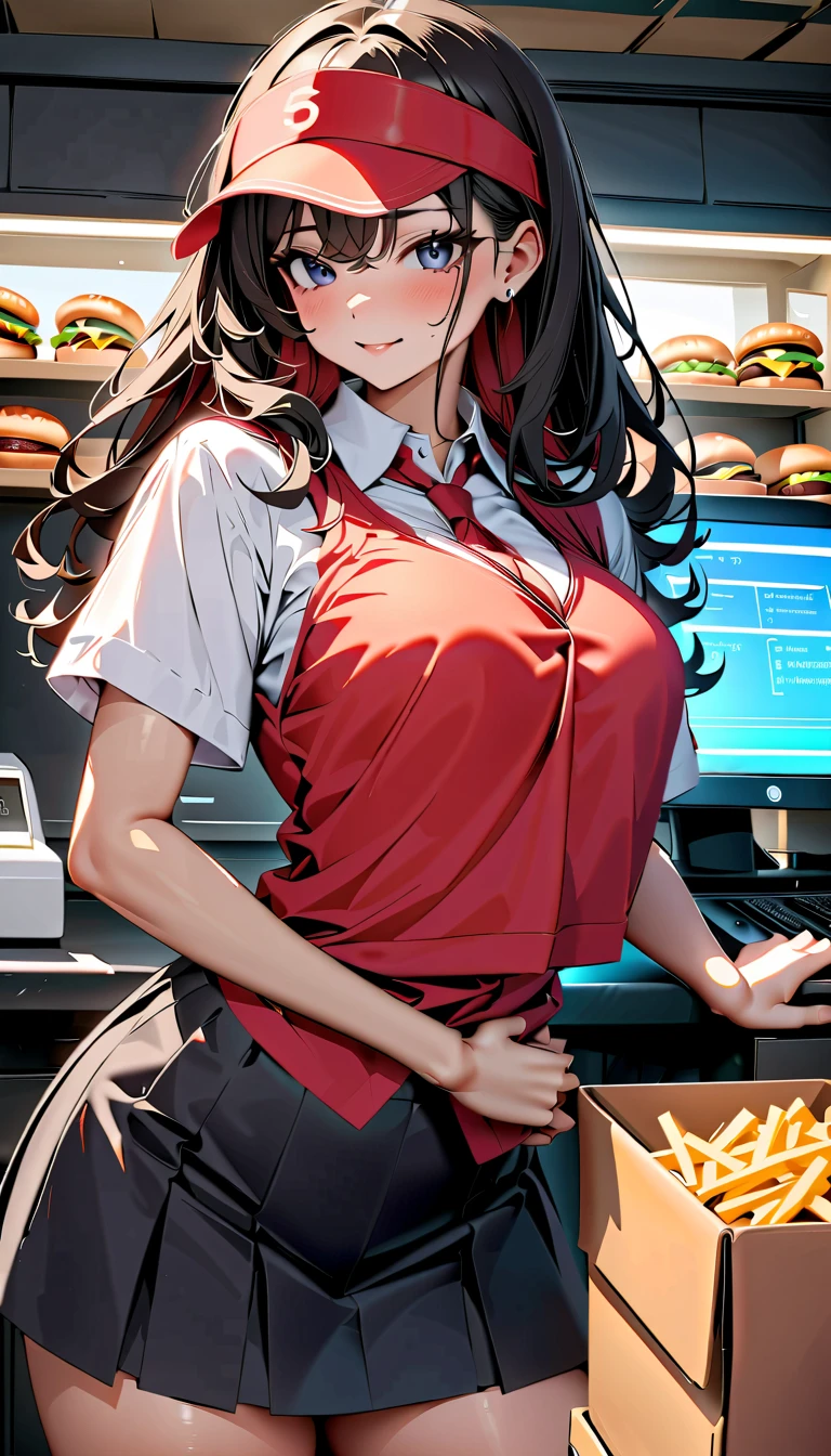 (Highest quality:1.2, Very detailed, up to date, Vibrant, Ultra-high resolution, High Contrast, masterpiece:1.2, Highest quality, Best aesthetics), 1 female, Female fast food store clerk, Red Shirt, Red visor, Black Mini Skirt, Hamburger Shop Uniform, Displayed Items, Bright interior, Female clerk at the counter, Pleasant background music, Cleanly swept floor, Tasty burger and fries, Items around the cash register,