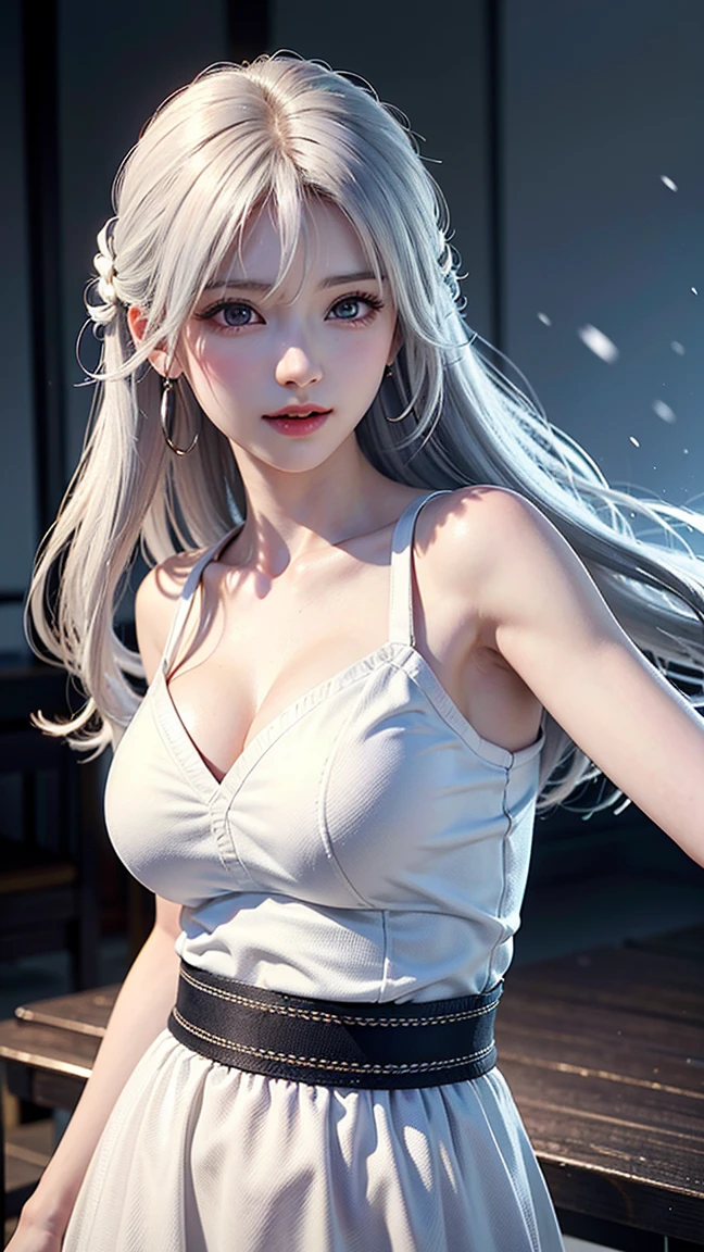 ((face, style)).((masterpiece:1.5))((alone、Woman wearing giant headphones:1.5、Detailed face、Big Eyes、Bright expression、small breasts, cleavage、Best Looks、Ultimate beauty、Shiny silver hair with highlights、明るい and shiny hair,、Modern Hairstyles、Hair dancing in the wind))(morning、indoors)Please look away from here、Beautiful profile、winter
