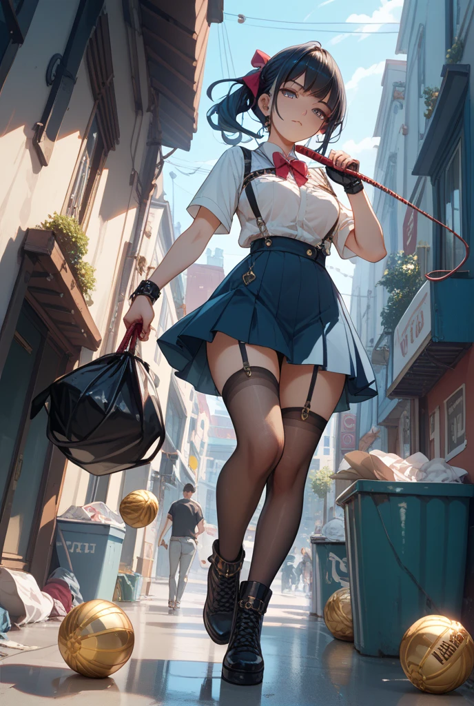 (masterpiece, best quality:1.2, realistic, photo-realistic:1.4) RAW photo, 8k, high resolution, intricate details, extremely detailed, depth of field (full body, front view, socks, loafers:1.8) ANIME_DxD_Rias_Gremory_ownwaifu, Rias Gremory, 1sologirl, a female student standing, very long red hair, bangs, big scar between eyes, hair over large breasts, blue eyes, collarbone, thigh highs, Kuoh academy uniform, black capelet, underbust black corset, collared shirt, long sleeves, miniskirt, layered skirt, purple skirt, black neck ribbon, thighhighs, photo background, outdoors, overgrown, urban ruins, daytime, Sunnyside daytime in hot summer,
(peeing self, urination, large urine puddle, desperate pose for peeing)