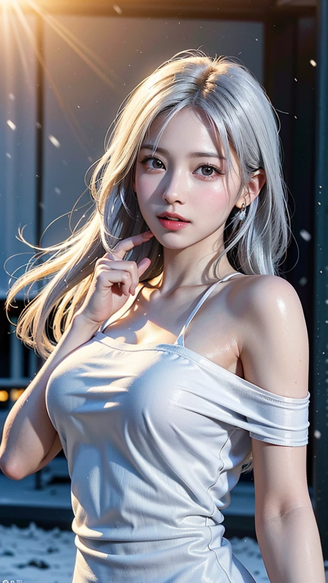 best quality, ultra high res, (photorealistic:1.4), 8k resolution, girl, (silver hair:1.3), (realistic hair:1.2), (Korean girl:1.2), (realistic eyes:1.2), (beauty face:1.3), perfect body, white pale skin, big breast, cleavage, , (eyes looked up:1.3), (wet body and thong:1.2),