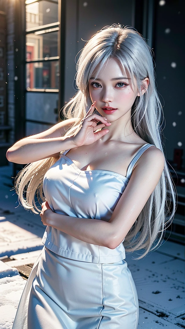 ((tmasterpiece:1.4)、(quality:1.4)、(Realistic:1.7))、Royo（Royo）Surreal portrait of a beautiful girl、A super beautiful girl、((1 girl in:1.4))、Glowing and natural looking skin texture、Author: Royo（Royo）、19years old、(Two arms:1.4、Two legs:1.4)、(perfect anatomia:1.4)、(Perfect female body:1.4)、A portrait photo of a girl、Closeup photo body shot:1.4), (Highest quality:1.4), (actual:1.7), Royo, beuaty girl, A super beautiful girl, ((1 girl in:1. 4), Glowing and natural looking skin texture, Author: Royo, 19years old, (Perfect female body: 1.4), (Perfect female body: 1.) 4), A portrait photo of a girl, Close-up photo body photo）, Fantasyart, soft front lighting, beautifull expression, Kawaii face, The beautiful, Large full-breasted: 1. 2, Beautiful buttocks, Fine Eye, Clear and eye-catching, Beautiful and, pretty eyes, big breasts thin waist, RAW photogr, Redlip, ((White hair, long whitr hair)) , 1 screen view, ),((Off-the-shoulder hand-knitted sweater))、((Black tight skirt)）、 (sexyposture), (Milky Way in the sky),((T-back garters and garters))、(A smile)、((an orchid flower)）、((The erection)）