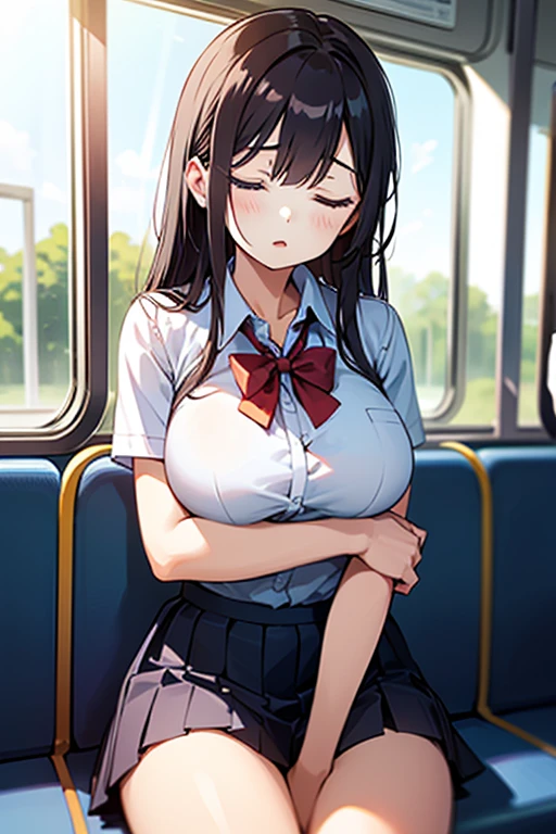 mastute piece,Best Quality,insanely detailed,8k cg,nsfw,
(shoot upper body:1.3),
(1girls:1.3),standing,looking at viewr,body in front,((both arms behind back:1.4)),(school uniform:1.2),(bare breasts:1.3),break,
blush,shy,(ecstasy face),(trembling:1.2),break,(light black hair:1.2),
break,
perfect breasts,perfect teats,(open mouth:0.9),(large breasts:1.3),
(inside train:1.1)