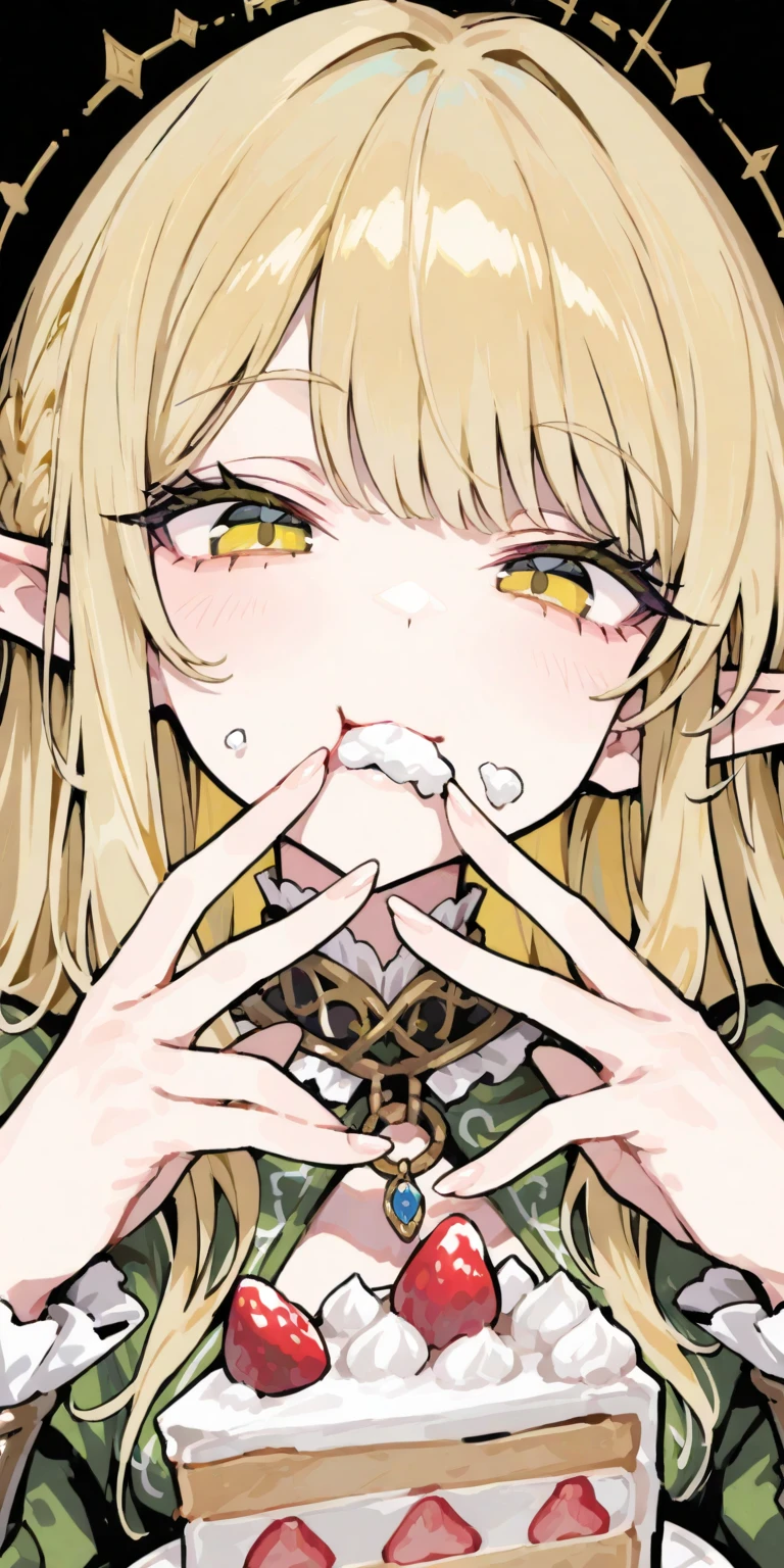 masterpiece, best quality, 1girl,((cum in mouth)), tongue, too much cum, ((cum)), ((cum on tongue)), after , ahegao, smile, Short white hair, red detailed sparkling eyes, elf ears