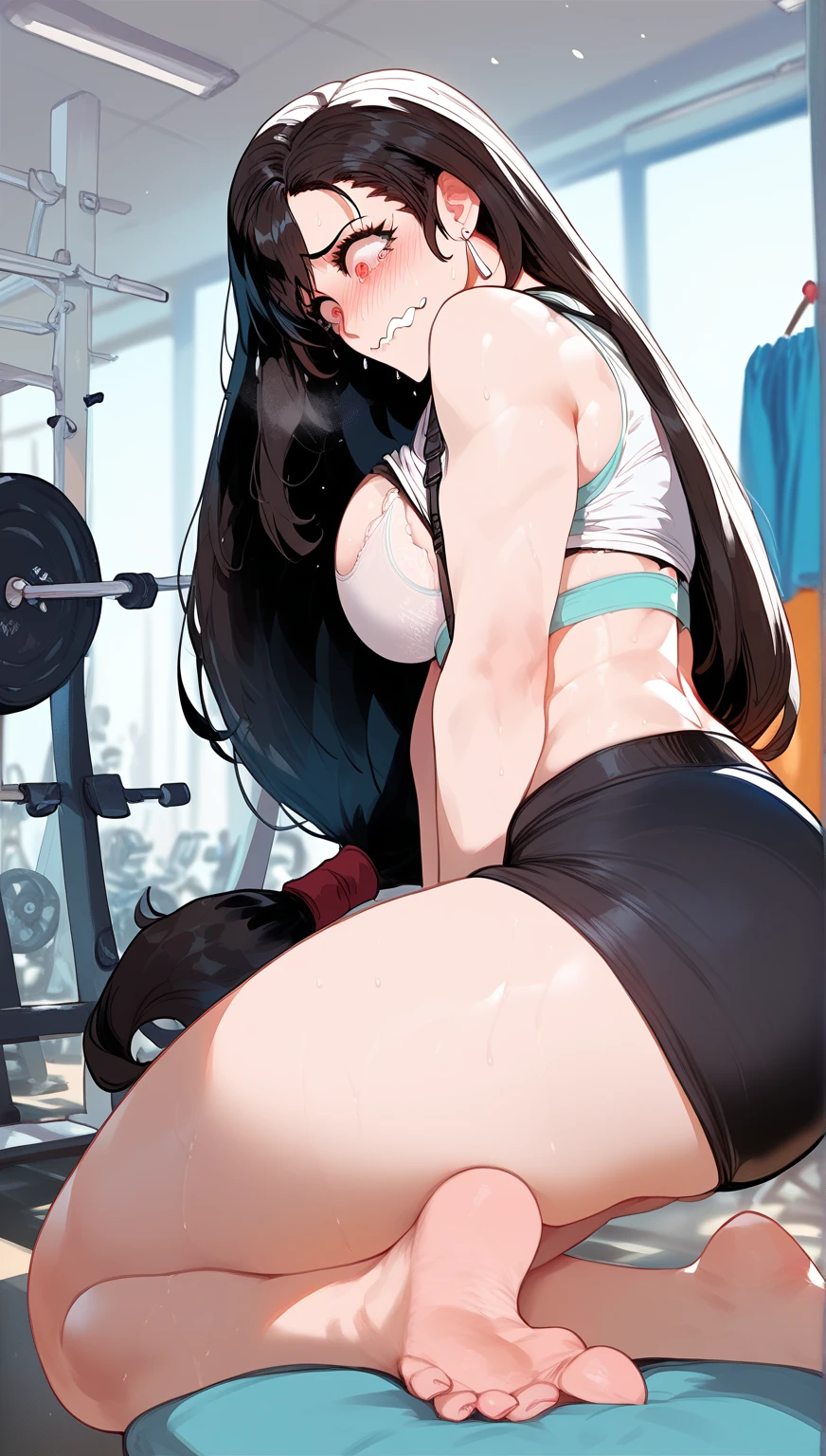 Girl with big breast wearing tight sports bra with angry and shy expression, big thighs, sexy, wearing sports bra, shy, hot, humping the pillow, riding in the pillow, sitting in the pillow, embarrassed, big breast, shy expression, tight sports bra,t, in pain, she is super in pain, dynamic shot, dynamic pose,sweaty, big thighs, horny face, horny, closed eyes, crying, dynamic shot, close up shot, foreshortening shot, she is touching her belly, she is grabbing her butt, she is trying hard, she is naked, she is holding her pee, she is wet, big butt, she is holding pillow hard, she is giving birth, long hair, black hair, bangs, no mouth