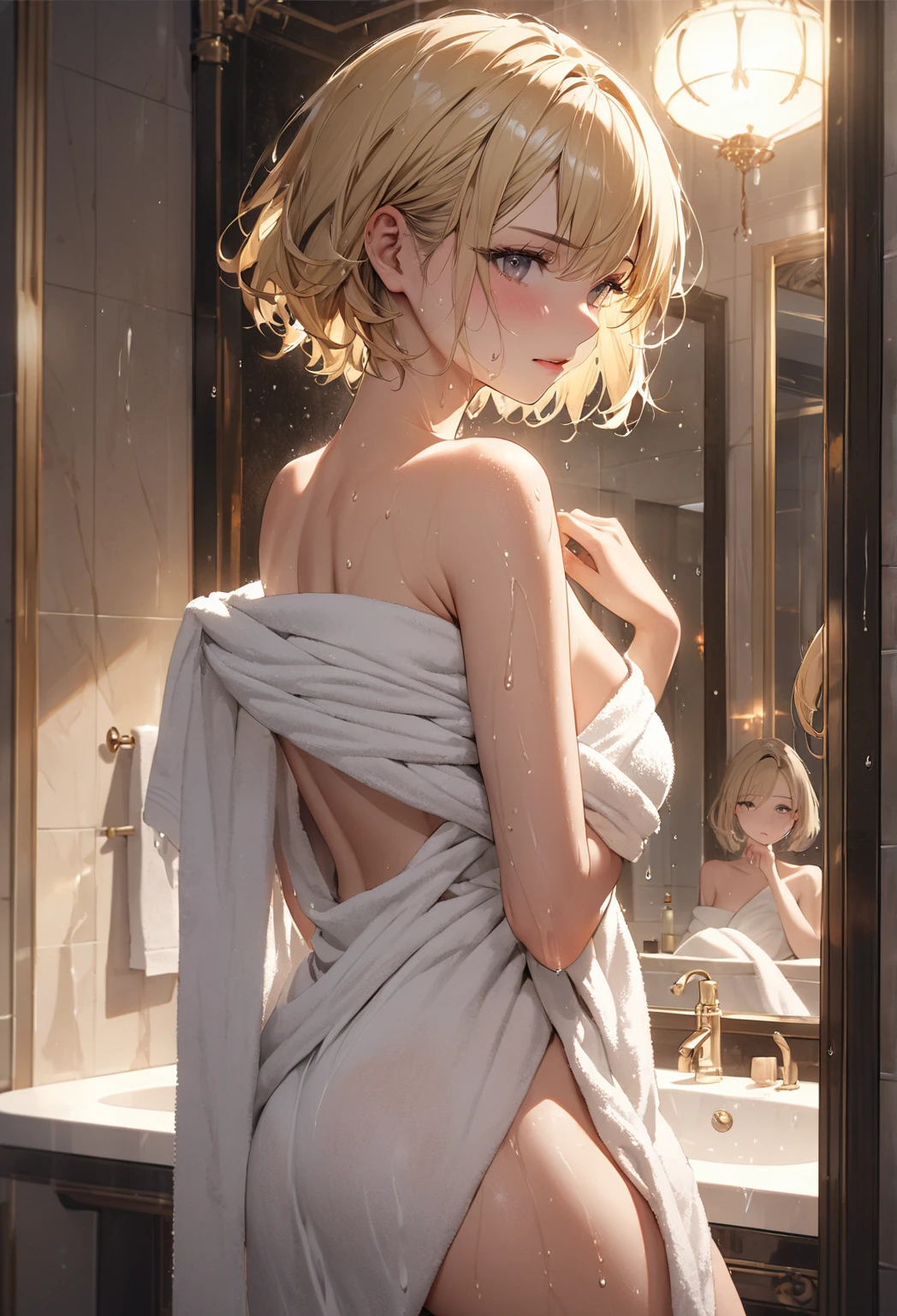 ((Лучшее качество)), ((шедевр)), (подробный), a girl in the bathroom in lingerie admires her booty