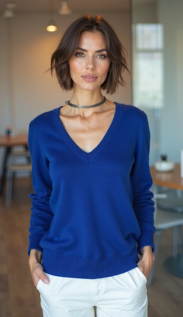 photo of a playful cute skinny slutty horny mature submissive wife with big bulging beautiful eyes, very short hair, She wears: (turtleneck high ribbed tight sweater:1.1), submissive seductive pose, high tight ribbed neck, seductive smile, perfect fake tits, turtleneck top, side view