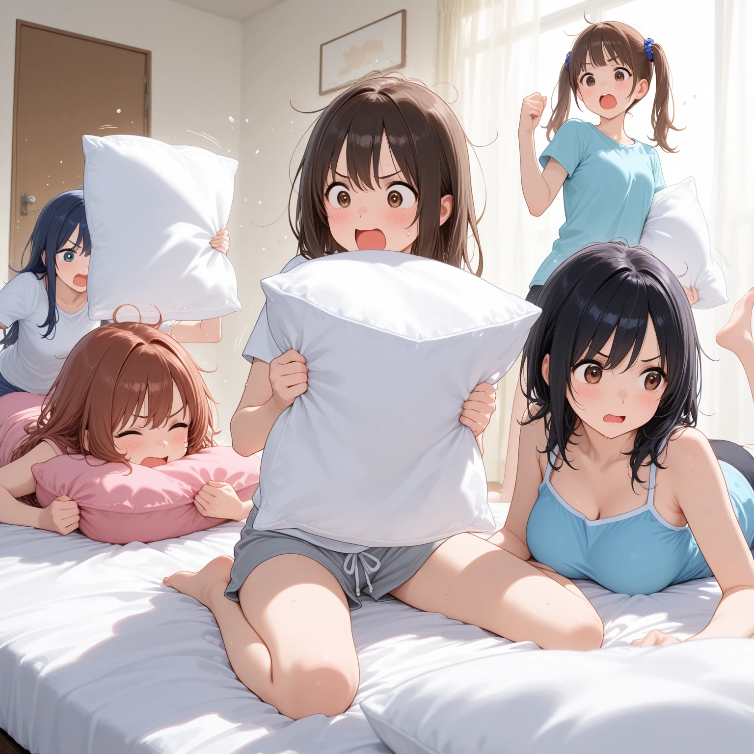 Cinematic photo of two playing pillow fight on a bed, They're laughing, Fotografia 35mm, Film, Bokeh, profissional, 4k, altamente detalhado