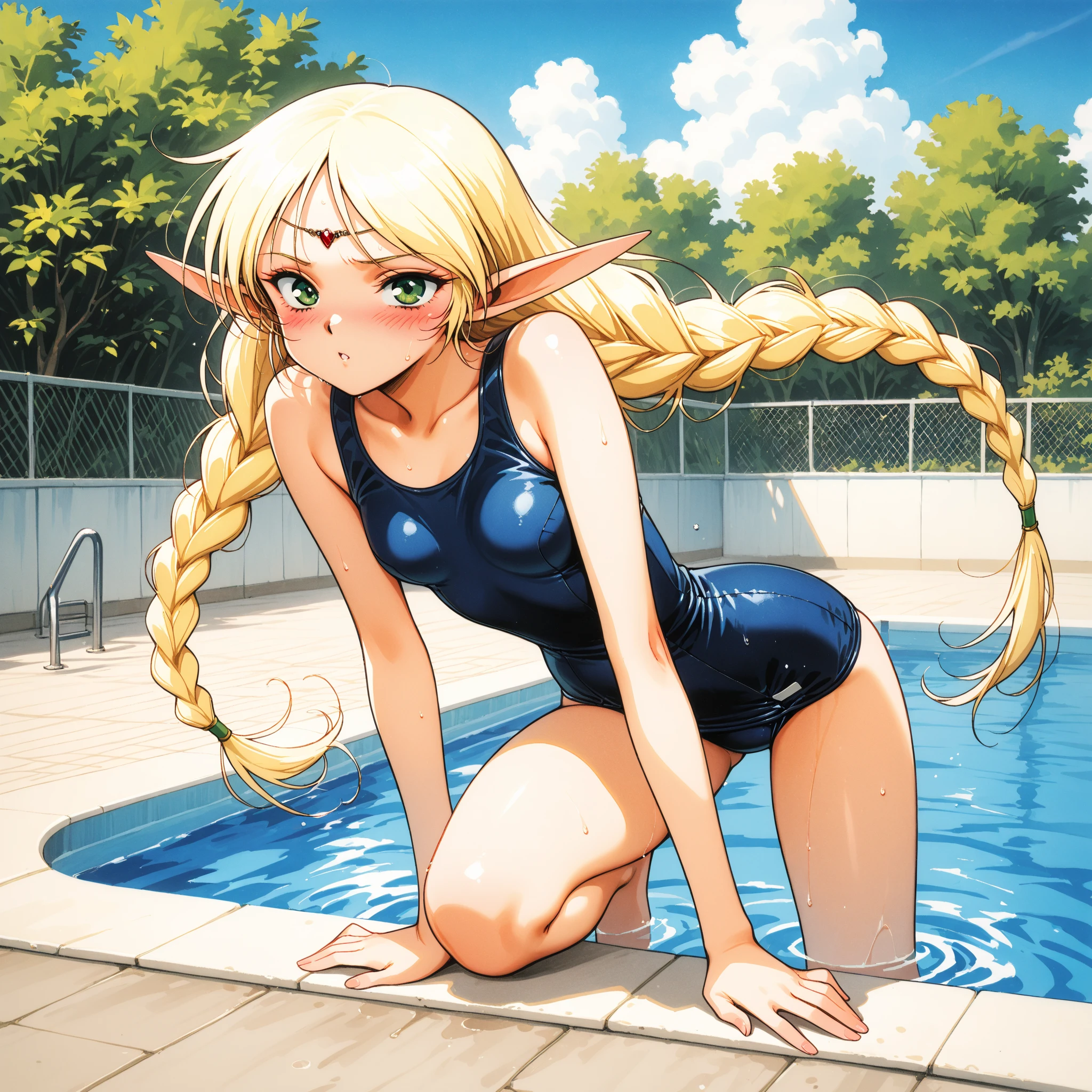(best quality), (highly detailed), (masterpiece), (1girl), (Marcille_Donato_DungeonMeshi), blonde hair, long hair, twin braids, elf, pointy ears, green eyes, smile, (skinny body: 1.2), (thin legs: 1.2), ((blue competition swimsuit), High leg, standing crossed arms, Cowboy Shot, wet,  Outdoor, poolsaide
