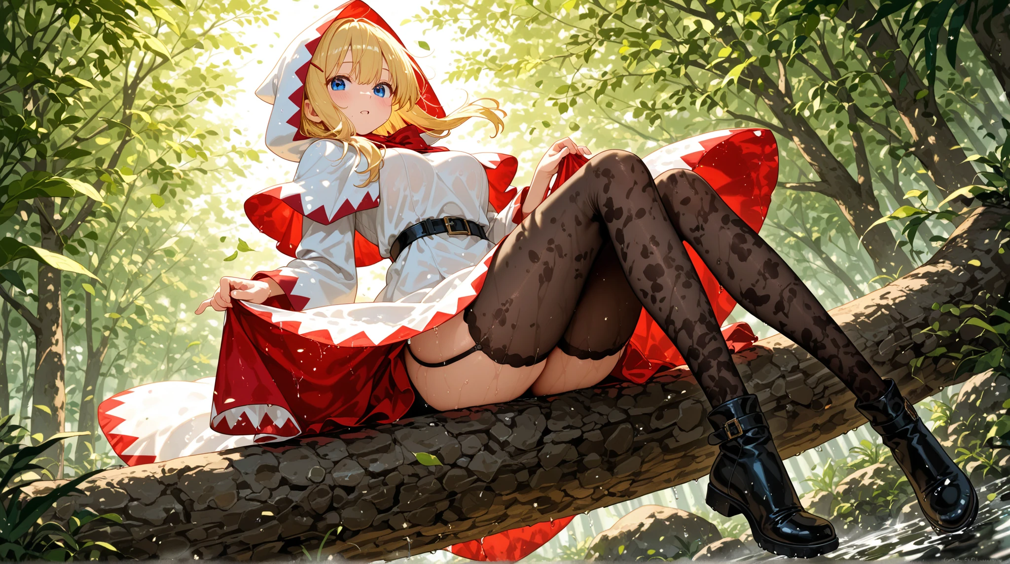 ta Face,shush,red riding hood,Red T-back,Embarrassment,Show me your big ass,in woods,low angles,Sit on a stump,Blue eyes,